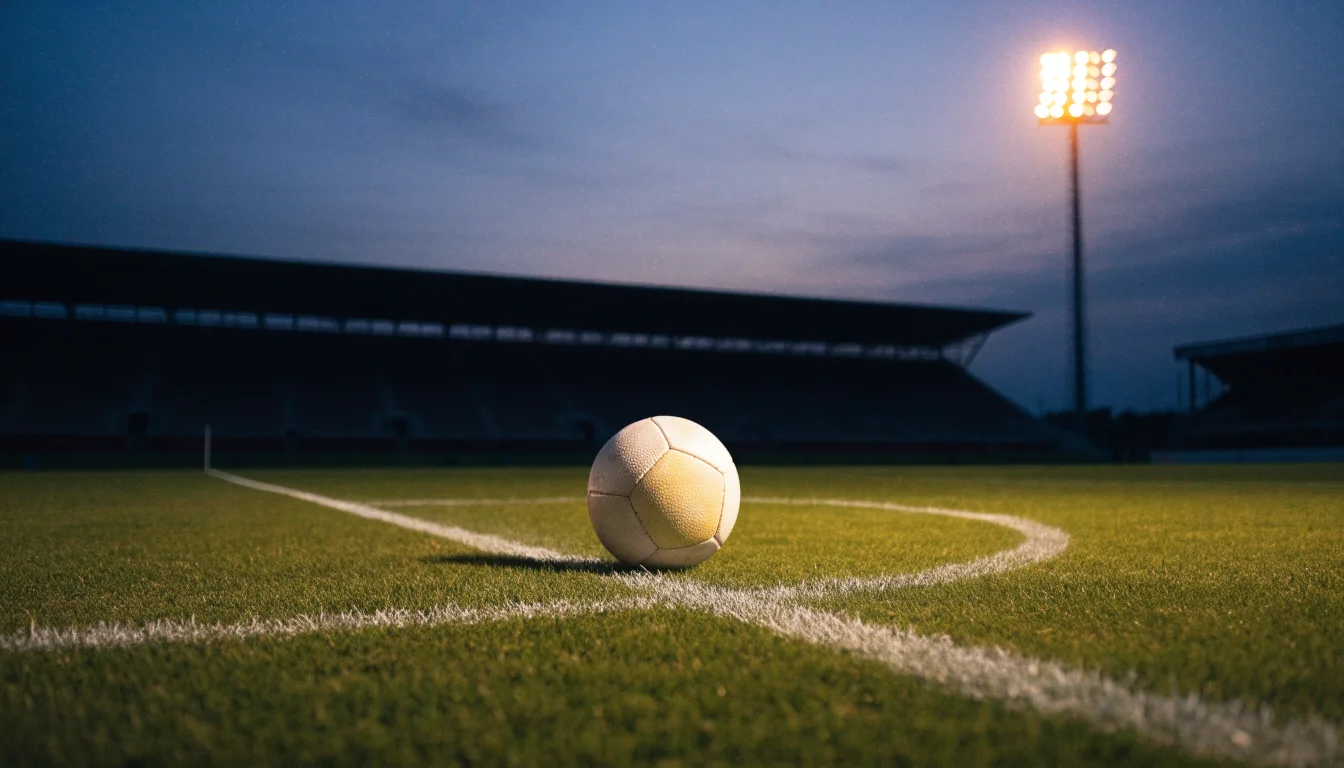 Ein Fußball liegt auf dem Anstoßpunkt eines leeren Rasenplatzes, im Hintergrund ein Stadion unter Flutlicht in der Abenddämmerung.