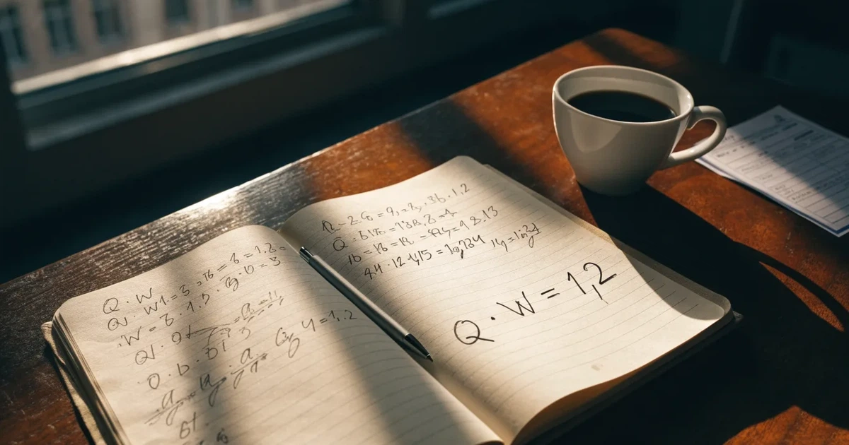 Ein Notizbuch mit handschriftlichen Rechnungen und ein Taschenrechner liegen auf einem Schreibtisch neben einer Tasse Kaffee im Licht des frühen Morgens.