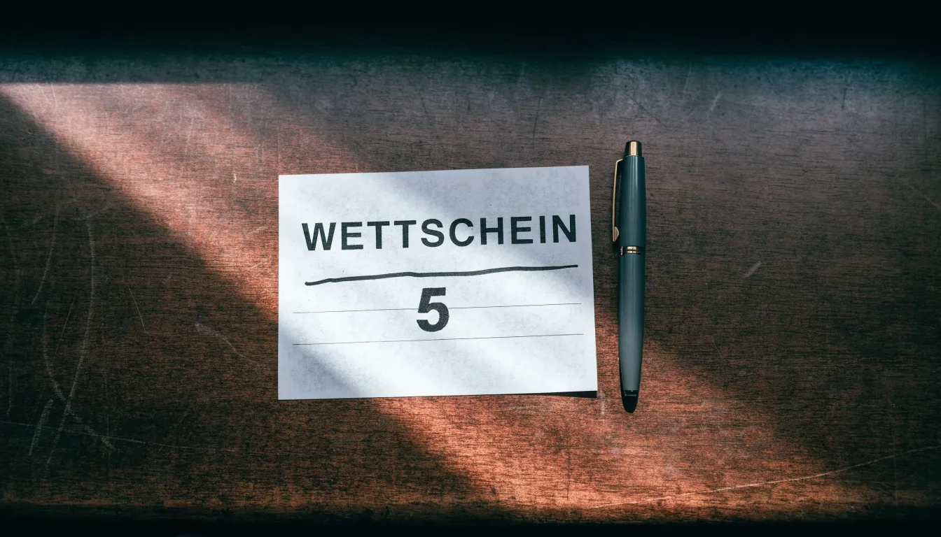 Ein leerer Wettschein aus Papier liegt neben einem Stift auf einer hölzernen Theke, weiches Licht fällt von der Seite ein.