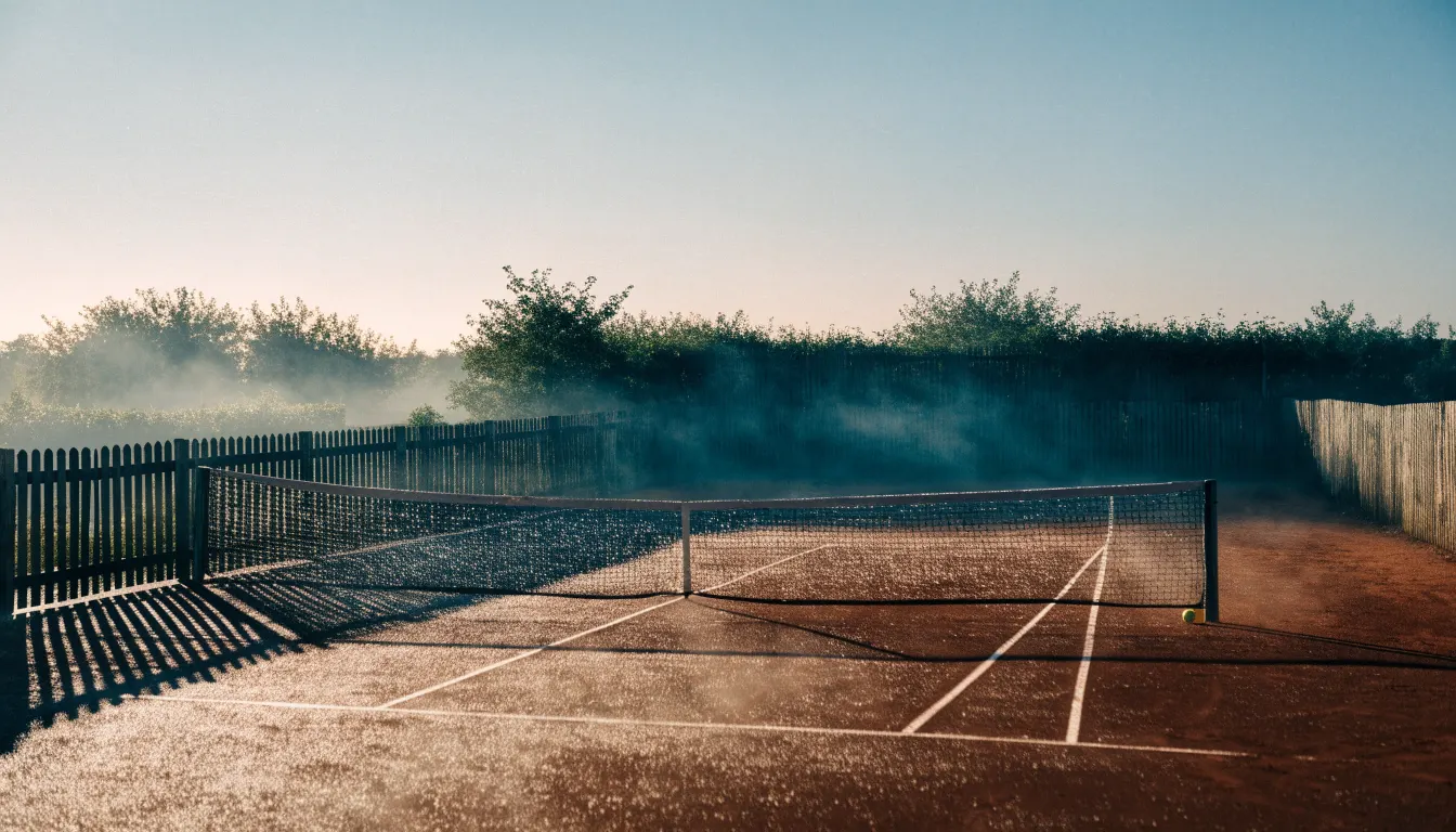 Ein Tennisplatz im Morgengrauen, das Netz und die Linien liegen im Tau, im Hintergrund leichter Nebel und kein Mensch zu sehen.