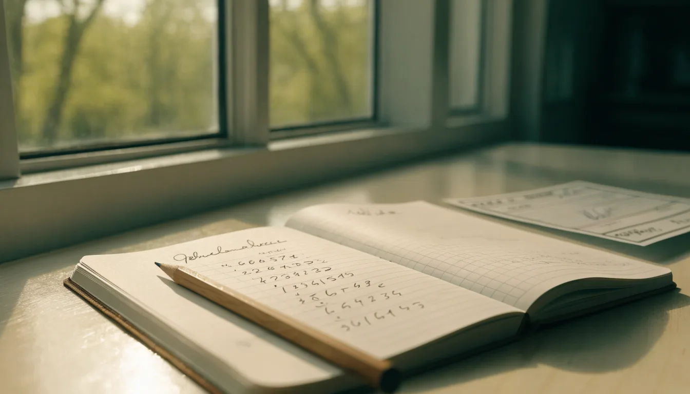 Ein Notizbuch mit handschriftlichen Notizen und ein Bleistift liegen auf einem Schreibtisch am Fenster, draußen fällt Morgenlicht herein.