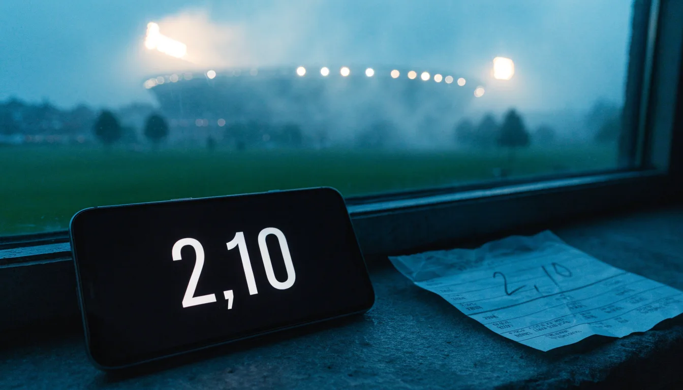 Ein Stadion unter Flutlicht, aus großer Entfernung über eine dunkle Wiese fotografiert, am Himmel zieht Nebel auf.