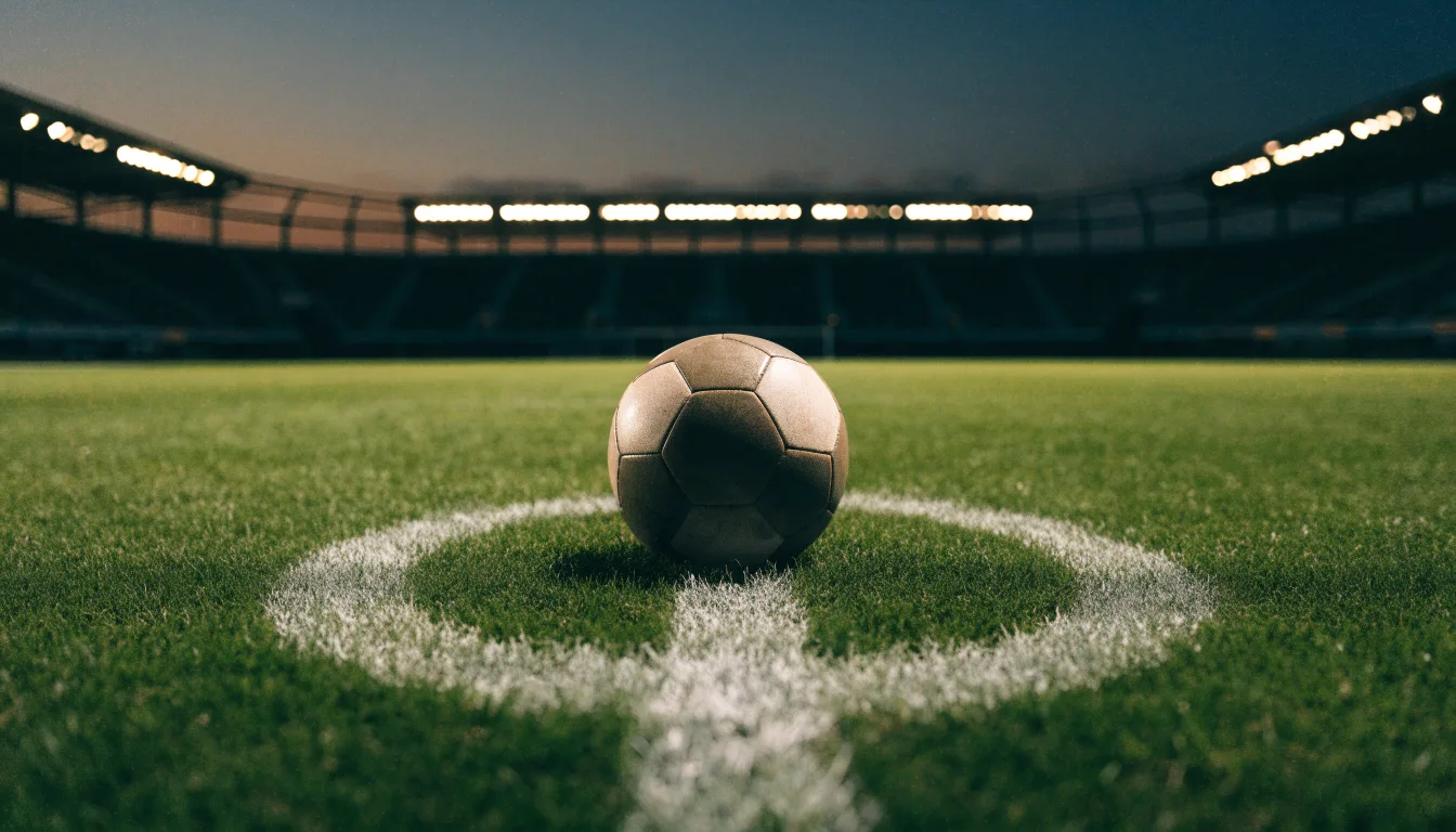 Ein Fußball liegt auf dem Anstoßpunkt eines leeren Rasenplatzes, im Hintergrund steht ein Stadion unter Flutlicht in der Dämmerung.
