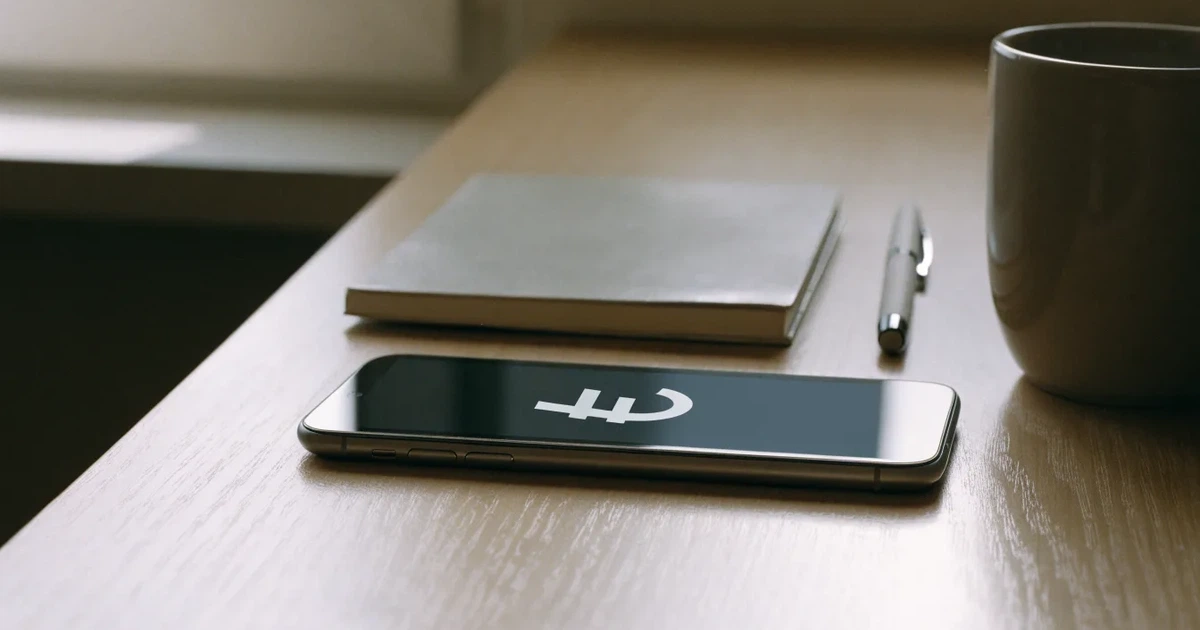 Ein Smartphone liegt neben einem Notizbuch und einem Kugelschreiber auf einem hellen Schreibtisch, das Display ist ausgeschaltet.