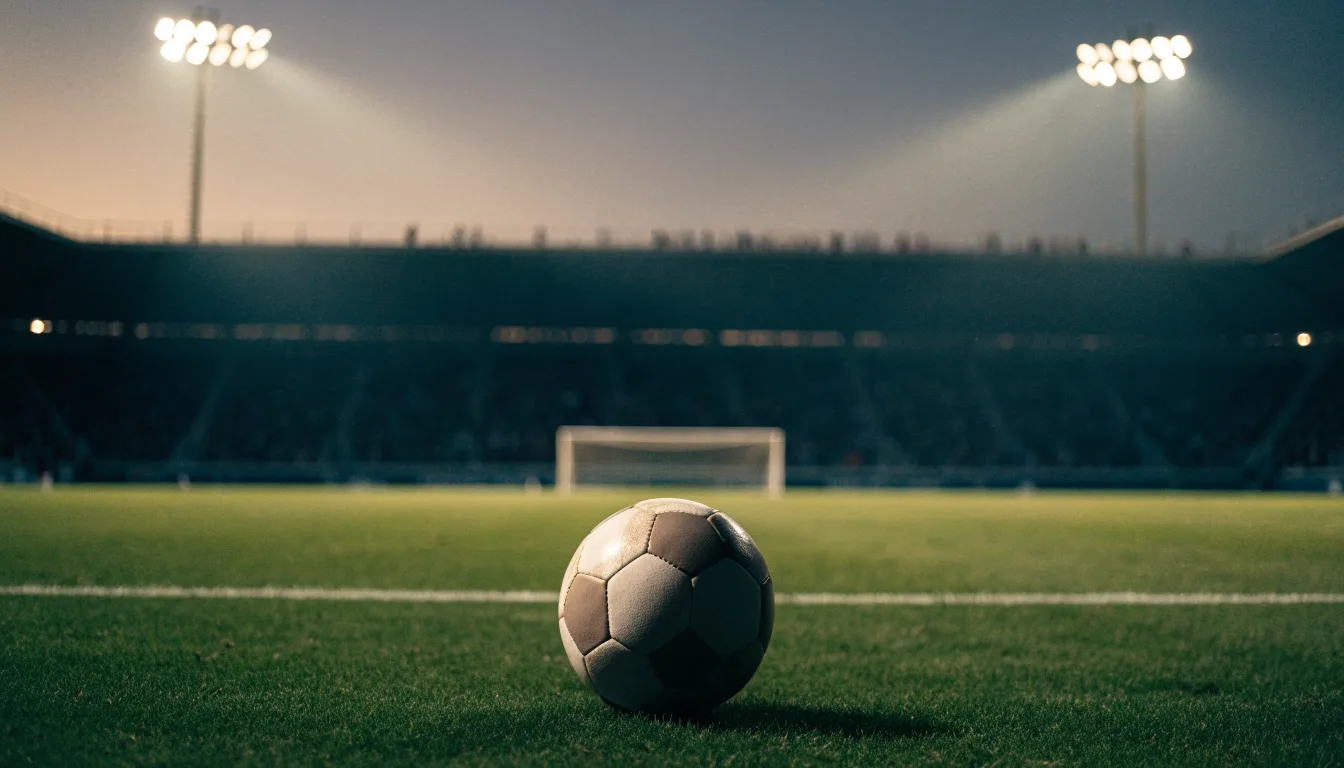 Ein Fußball liegt auf dem Rasen eines leeren Platzes, im Hintergrund ein Stadion unter Flutlicht in der Abenddämmerung.