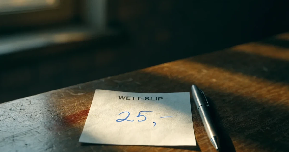 Ein leerer Wettschein aus Papier liegt neben einem Stift auf einer hölzernen Theke, weiches Licht fällt von der Seite ein.