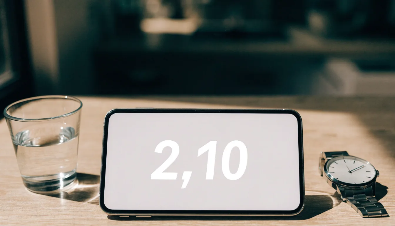 Ein Smartphone liegt mit dem Display nach unten auf einem Küchentisch, daneben stehen ein Glas Wasser und eine Armbanduhr.