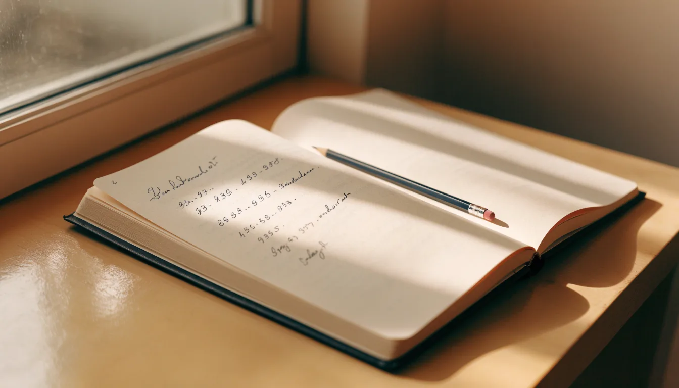 Ein Notizbuch mit handschriftlichen Notizen und ein Bleistift liegen auf einem Schreibtisch am Fenster, draußen fällt Morgenlicht herein.