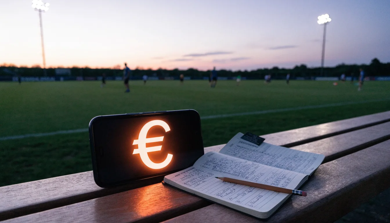 Eine leere Parkbank am Rand eines Fußballfelds in der Abenddämmerung, im Hintergrund ragen dunkle Flutlichtmasten in den Himmel.