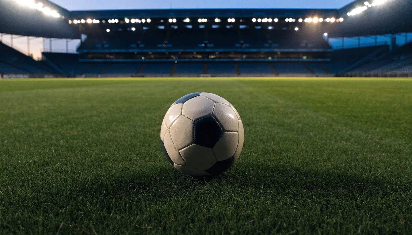 Ein Fußball liegt auf dem Anstoßpunkt eines leeren Rasenplatzes, im Hintergrund steht ein Stadion unter Flutlicht in der Dämmerung.