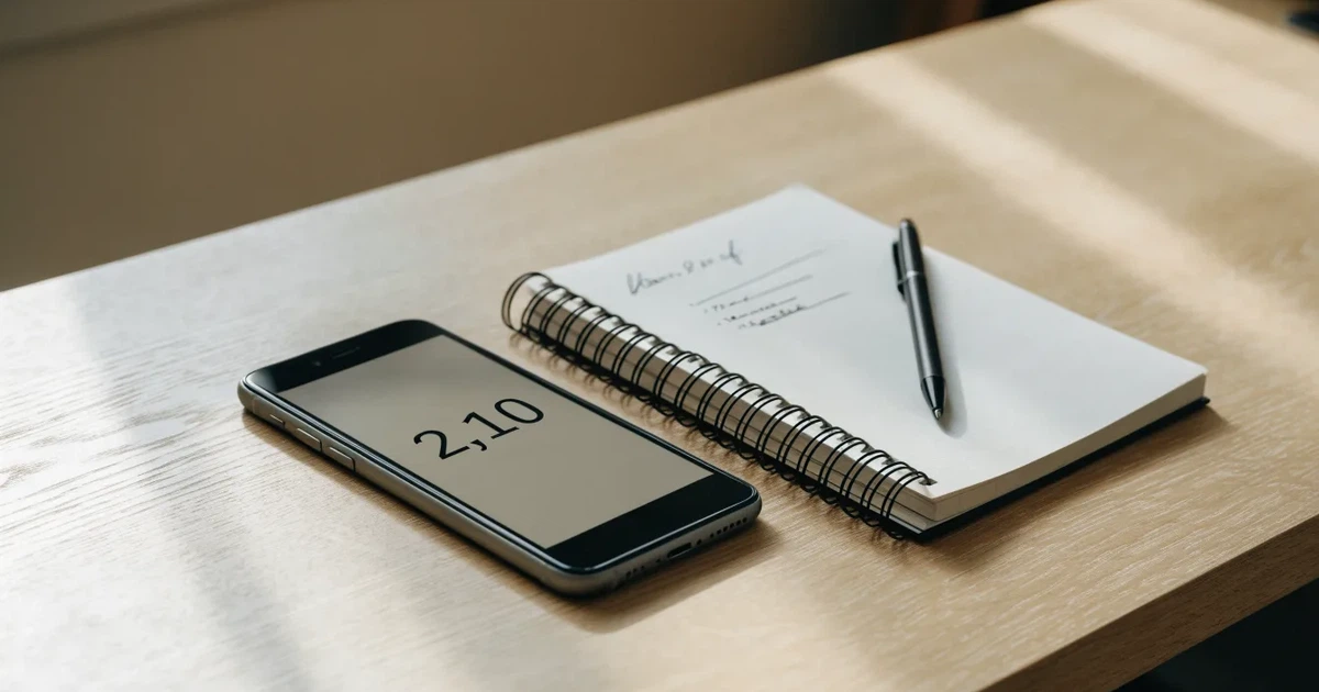 Ein Smartphone liegt neben einem Notizbuch und einem Kugelschreiber auf einem hellen Schreibtisch, das Display ist ausgeschaltet.