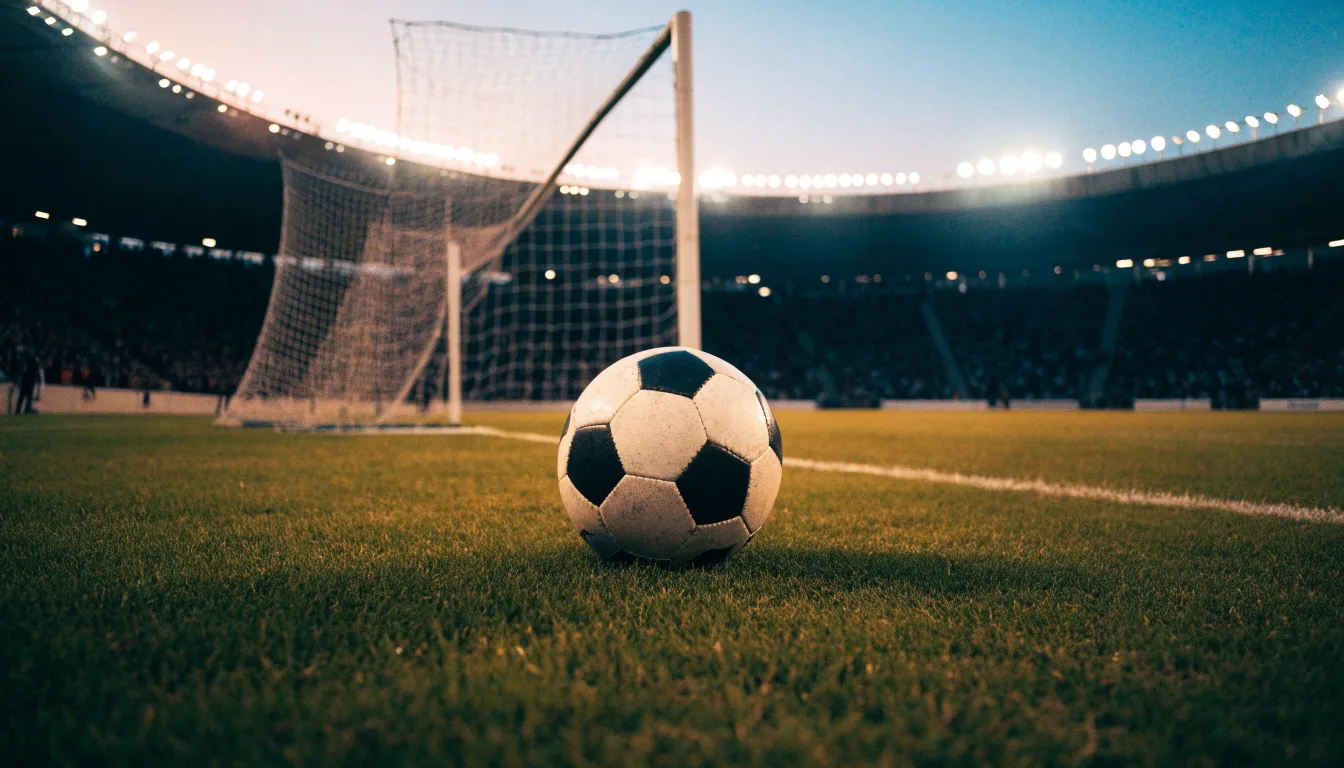 Ein Fußball liegt auf dem Rasen eines leeren Platzes, im Hintergrund ein Stadion unter Flutlicht in der Abenddämmerung.