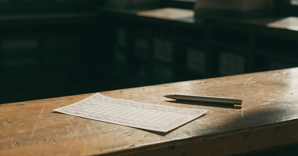 Ein leerer Wettschein aus Papier liegt neben einem Stift auf einer hölzernen Theke, weiches Licht fällt von der Seite ein.