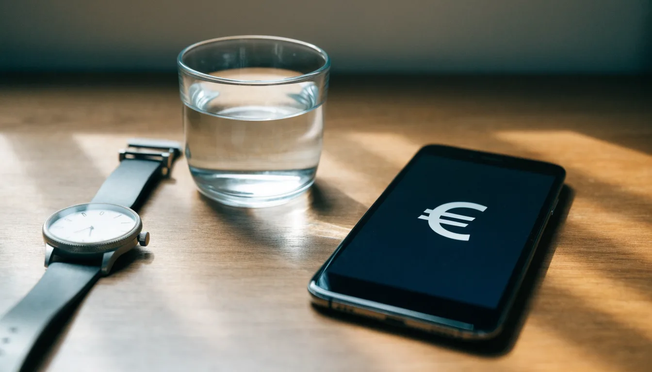 Ein Smartphone liegt mit dem Display nach unten auf einem Küchentisch, daneben stehen ein Glas Wasser und eine Armbanduhr.
