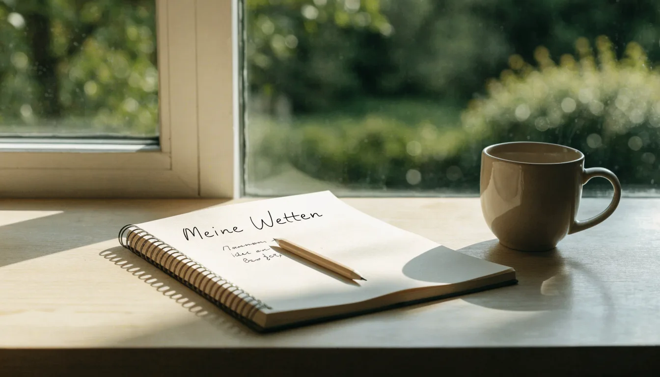Ein Notizbuch mit handschriftlichen Notizen und ein Bleistift liegen auf einem Schreibtisch am Fenster, draußen fällt Morgenlicht herein.