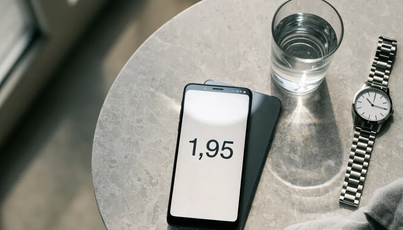 Ein Smartphone liegt mit dem Display nach unten auf einem Küchentisch, daneben stehen ein Glas Wasser und eine Armbanduhr.