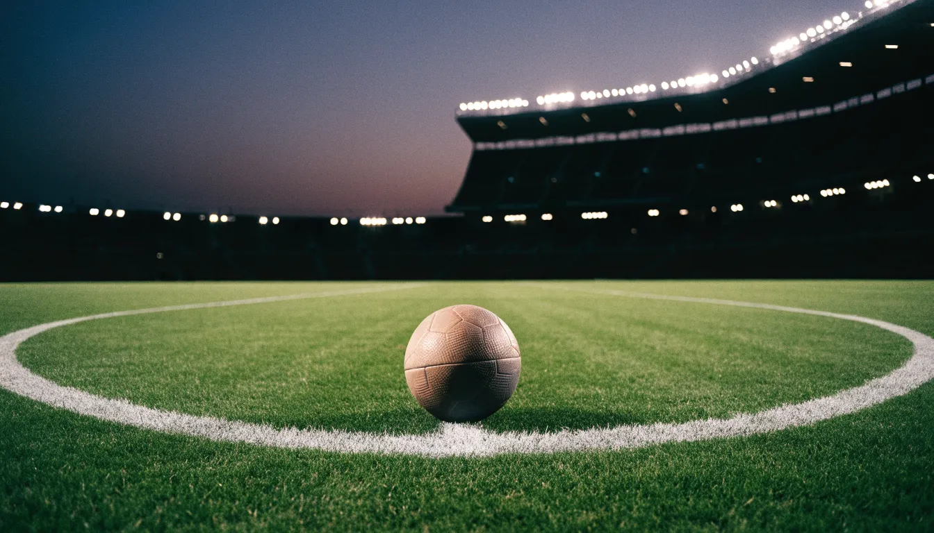 Ein Fußball liegt auf dem Anstoßpunkt eines leeren Rasenplatzes, im Hintergrund steht ein Stadion unter Flutlicht in der Dämmerung.