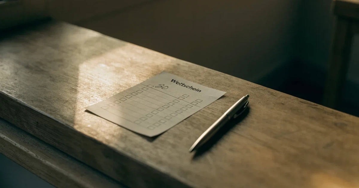 Ein leerer Wettschein aus Papier liegt neben einem Stift auf einer hölzernen Theke, weiches Licht fällt von der Seite ein.