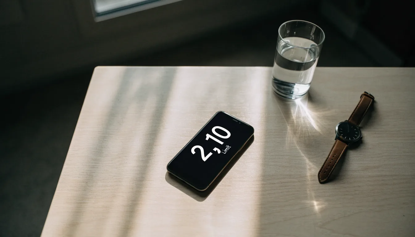 Ein Smartphone liegt mit dem Display nach unten auf einem Küchentisch, daneben stehen ein Glas Wasser und eine Armbanduhr.