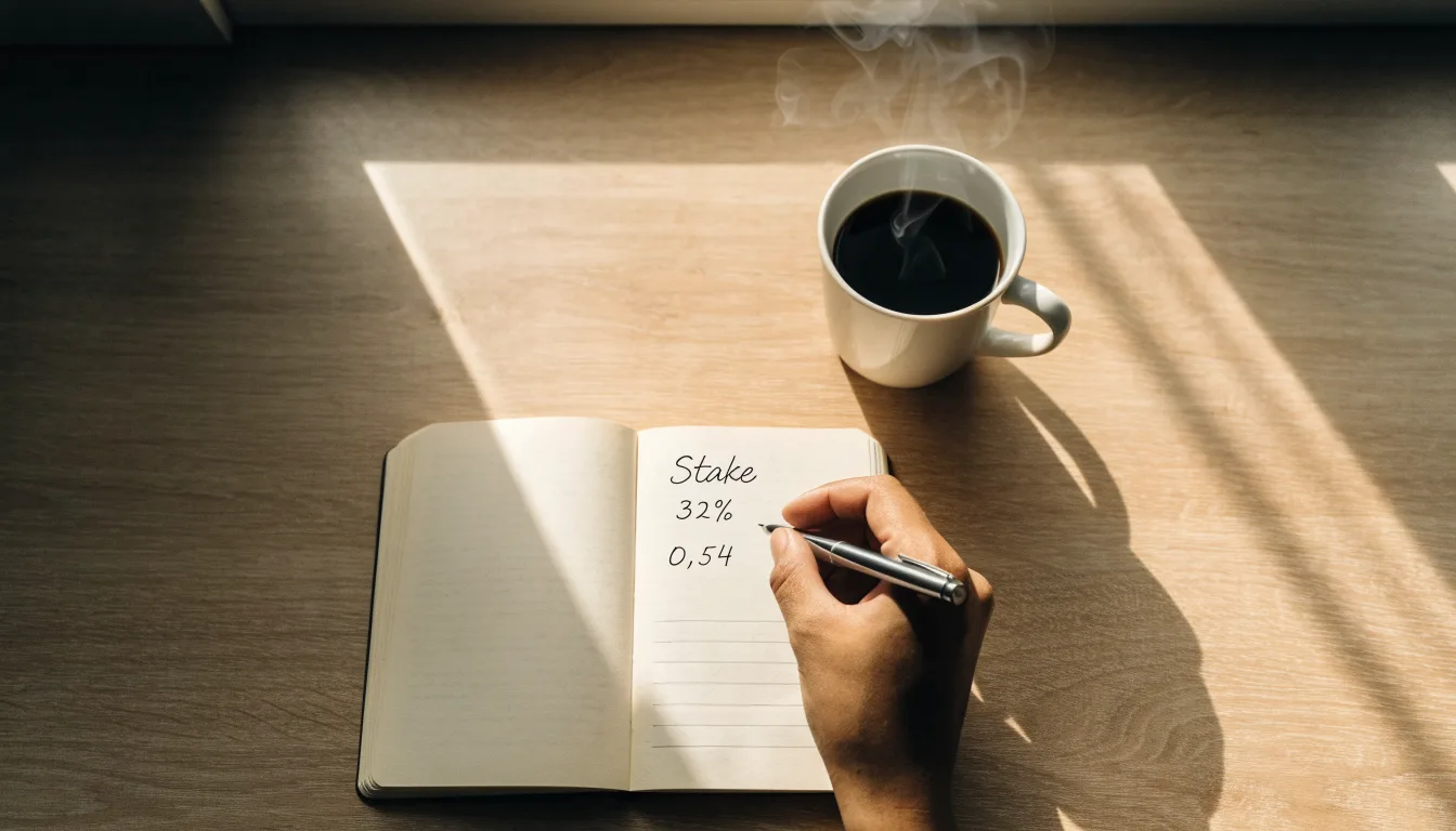 Ein Notizbuch mit handschriftlichen Rechnungen und ein Taschenrechner liegen auf einem Schreibtisch neben einer Tasse Kaffee im Licht des frühen Morgens.