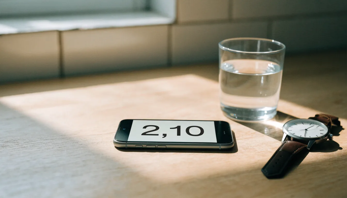 Ein Smartphone liegt mit dem Display nach unten auf einem Küchentisch, daneben stehen ein Glas Wasser und eine Armbanduhr.