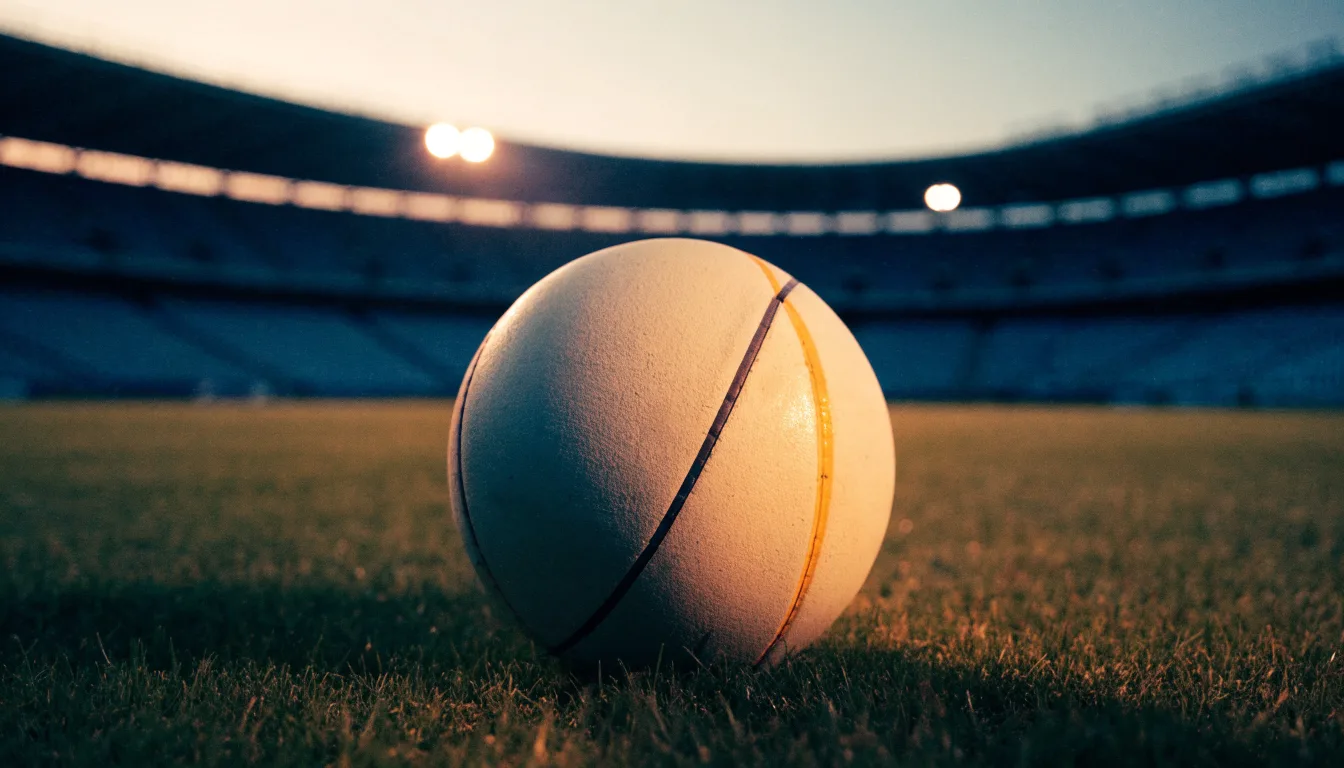 Ein Fußball liegt auf dem Rasen eines leeren Platzes, im Hintergrund ein Stadion unter Flutlicht in der Abenddämmerung.