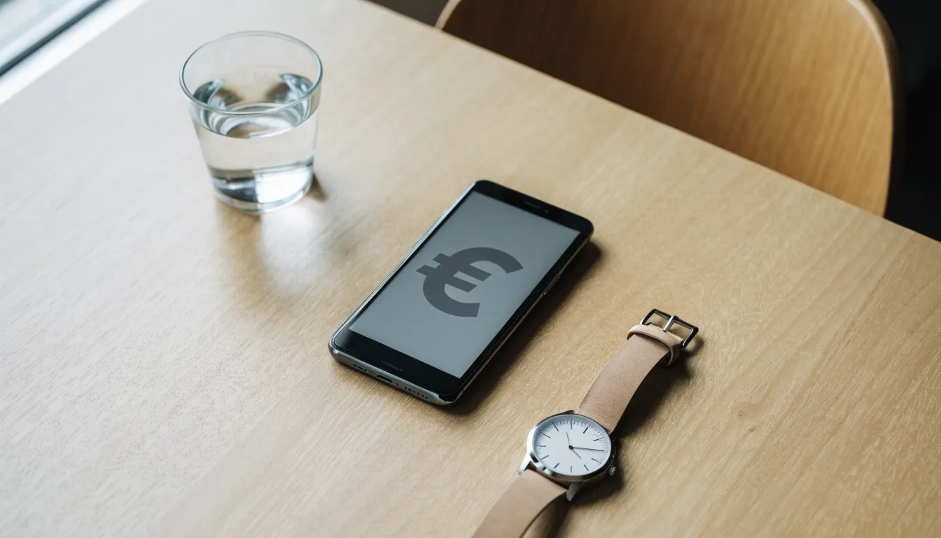 Ein Smartphone liegt mit dem Display nach unten auf einem Küchentisch, daneben stehen ein Glas Wasser und eine Armbanduhr.