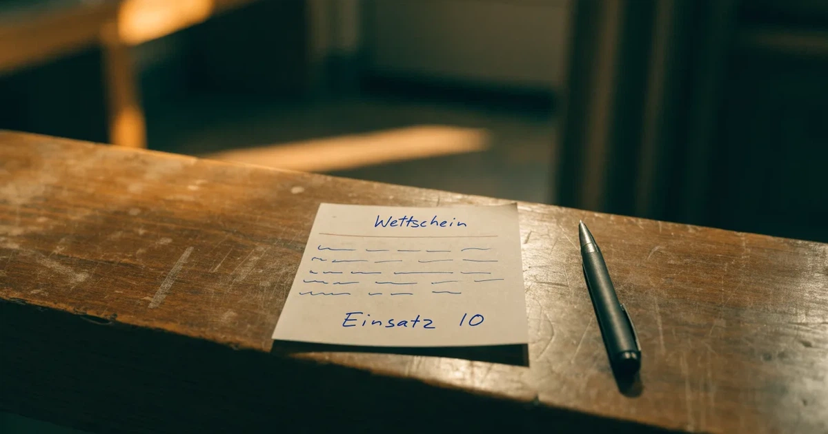 Ein leerer Wettschein aus Papier liegt neben einem Stift auf einer hölzernen Theke, weiches Licht fällt von der Seite ein.