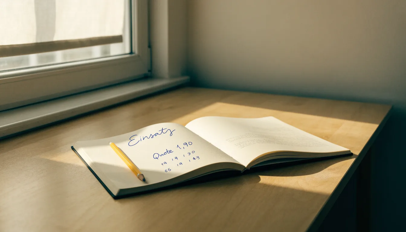 Ein Notizbuch mit handschriftlichen Notizen und ein Bleistift liegen auf einem Schreibtisch am Fenster, draußen fällt Morgenlicht herein.