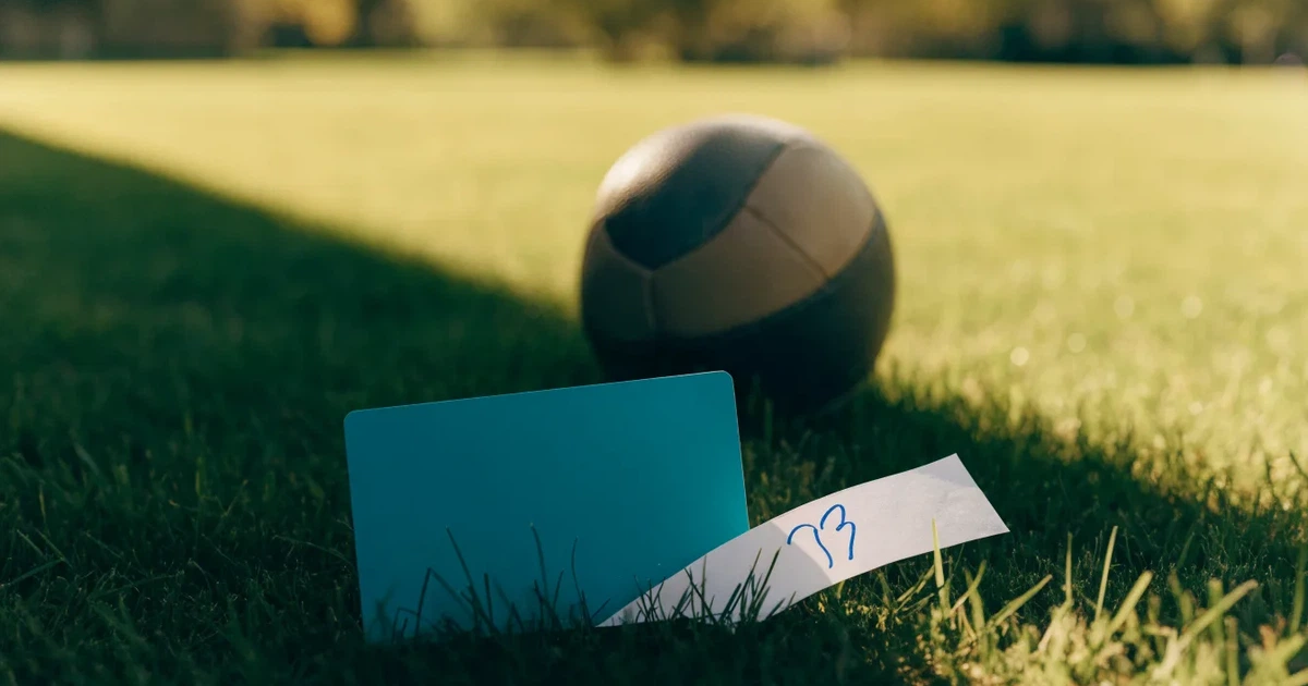 Ein verschlossener leerer Briefumschlag liegt neben einem Fußball auf grünem Rasen im warmen Licht des Nachmittags.