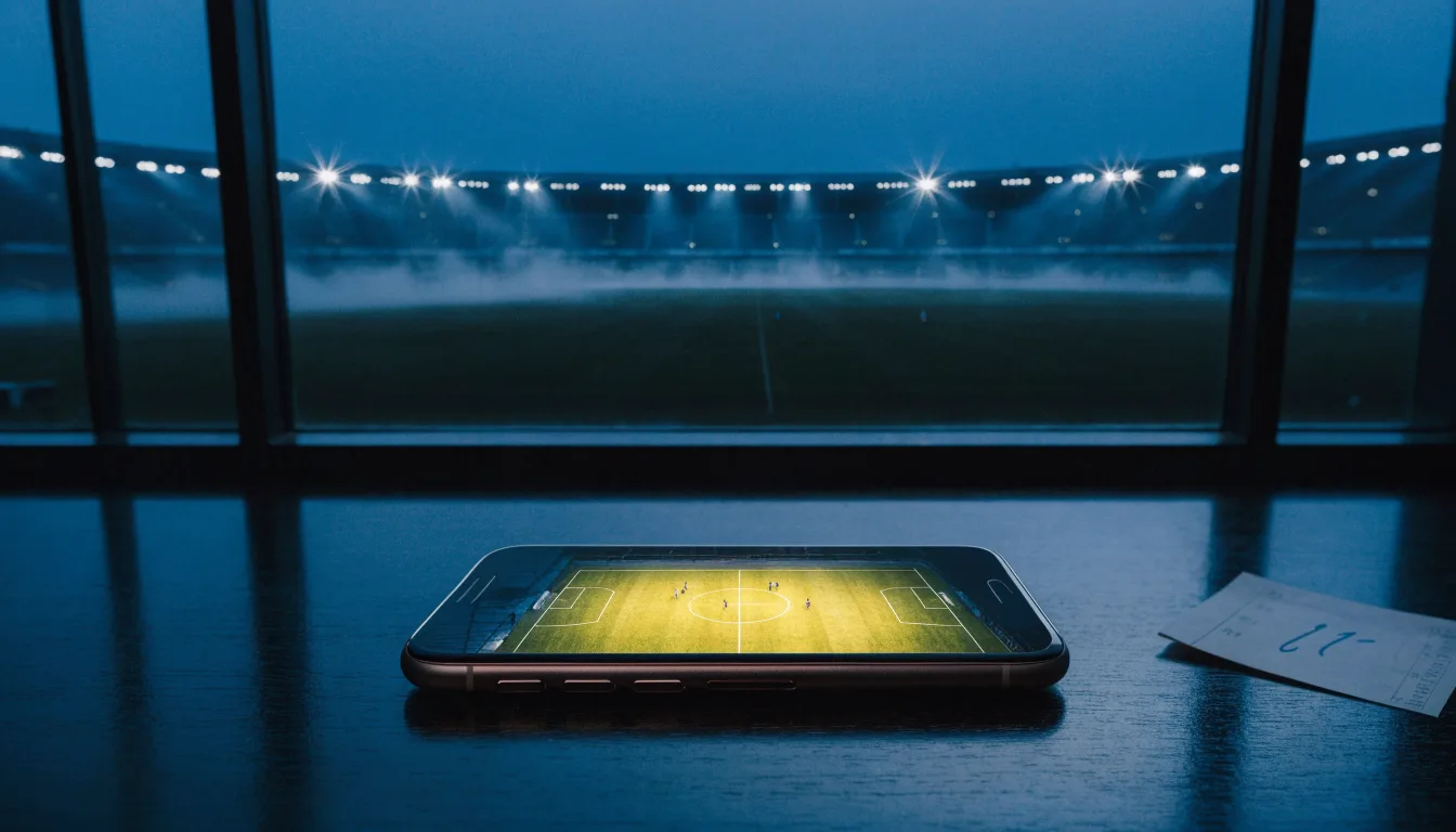 Ein Stadion unter Flutlicht, aus großer Entfernung über eine dunkle Wiese fotografiert, am Himmel zieht Nebel auf.