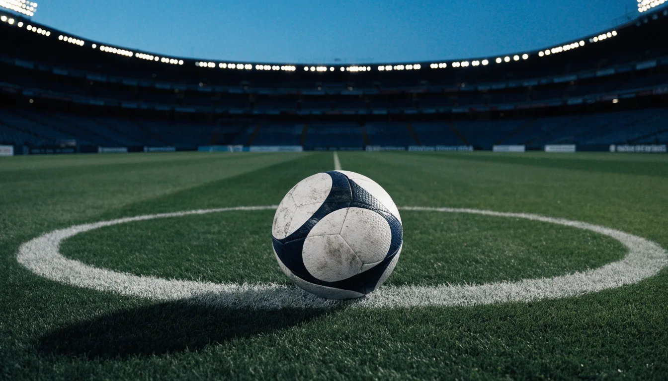 Ein Fußball liegt auf dem Anstoßpunkt eines leeren Rasenplatzes, im Hintergrund steht ein Stadion unter Flutlicht in der Dämmerung.