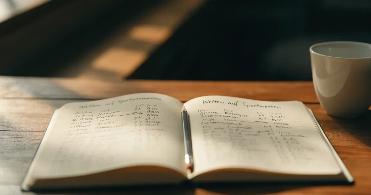Ein Notizbuch mit handschriftlichen Notizen und Pfeilen liegt aufgeschlagen auf einem Schreibtisch, daneben ein Bleistift und eine Tasse Tee.