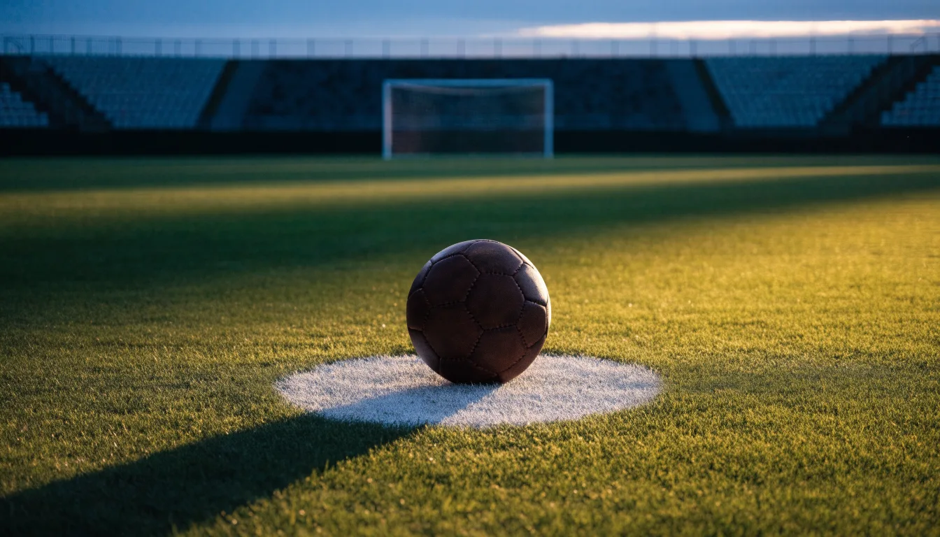 Ein Fußball liegt auf dem Anstoßpunkt eines leeren Rasenplatzes in der Morgendämmerung, im Hintergrund eine leere Tribüne.