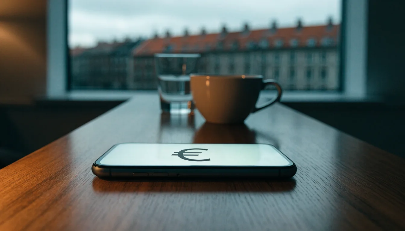 Eine Messingwaage steht auf einem dunklen Holzschreibtisch neben einer Kaffeetasse, im Hintergrund ein Fenster mit Blick auf Dächer.