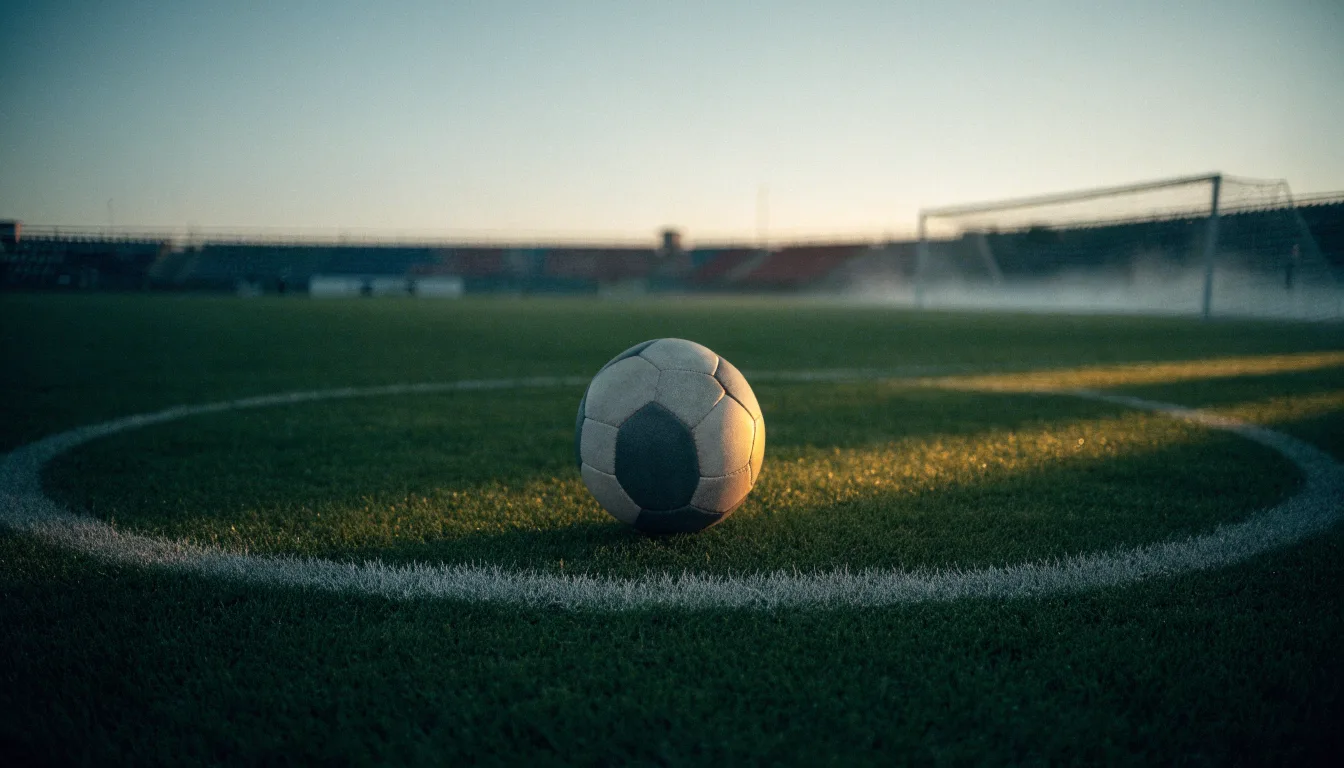 Ein Fußball ruht auf dem Mittelkreis eines leeren Rasenplatzes in der Morgendämmerung, Tau liegt auf dem Gras.