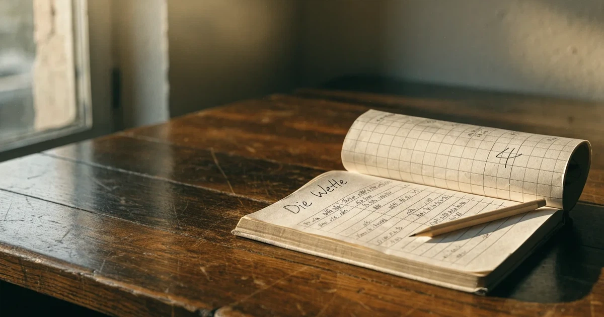 Ein Notizbuch mit handschriftlichen Spalten und Strichlisten liegt neben einem Taschenrechner und einem Bleistift auf einem Schreibtisch.