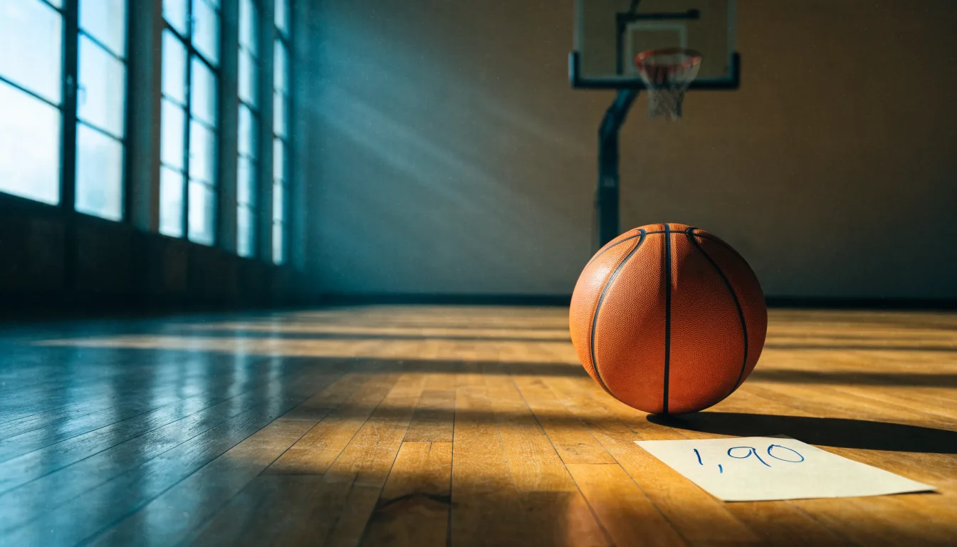 Ein Basketball liegt auf dem Hallenboden unter einem Korb, das Netz hängt ruhig, Morgenlicht fällt durch hohe Fenster.