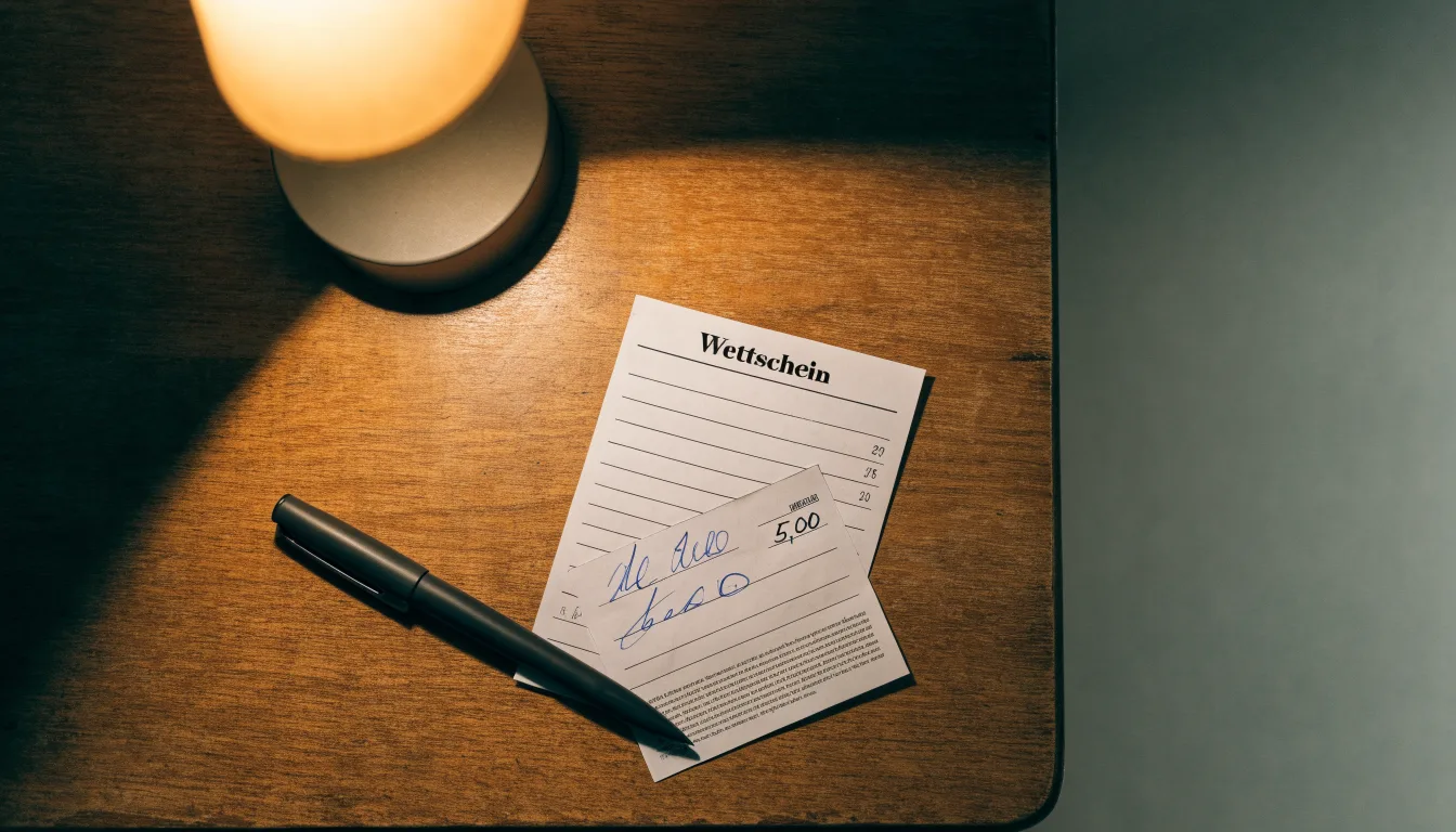 Ein leerer Wettschein aus Papier und ein Kugelschreiber liegen auf einer Tischplatte neben einer kleinen Tischlampe.
