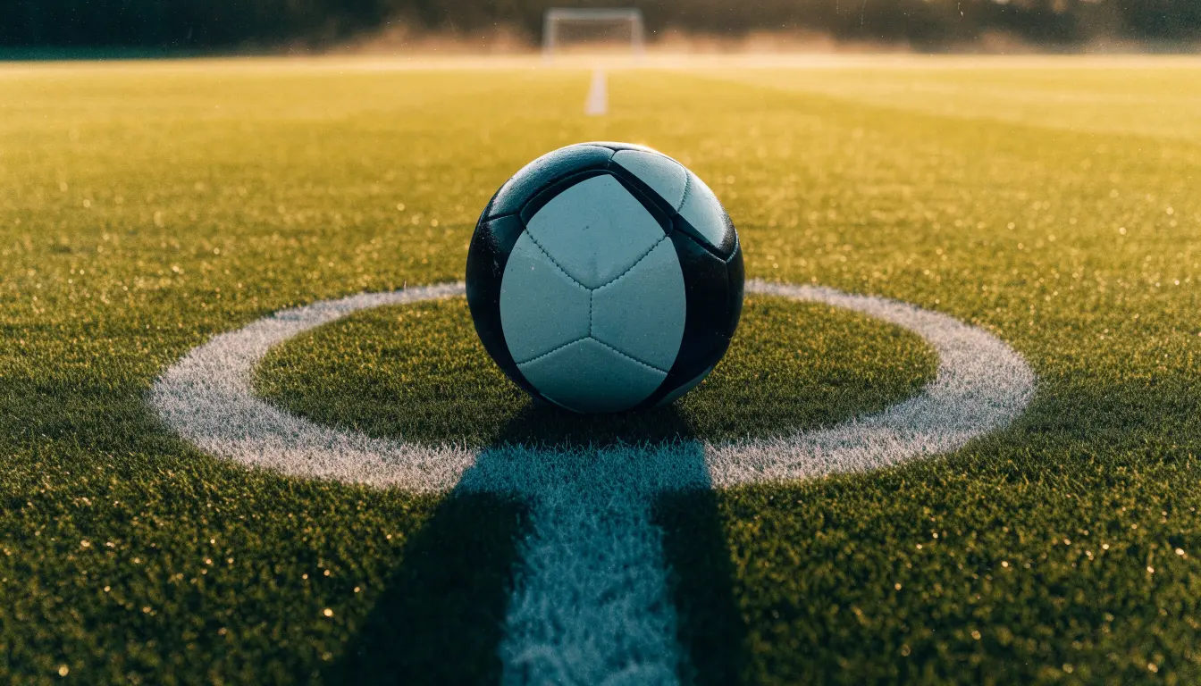 Ein Fußball liegt auf dem Anstoßkreis eines leeren Rasenplatzes im Licht der Morgensonne.