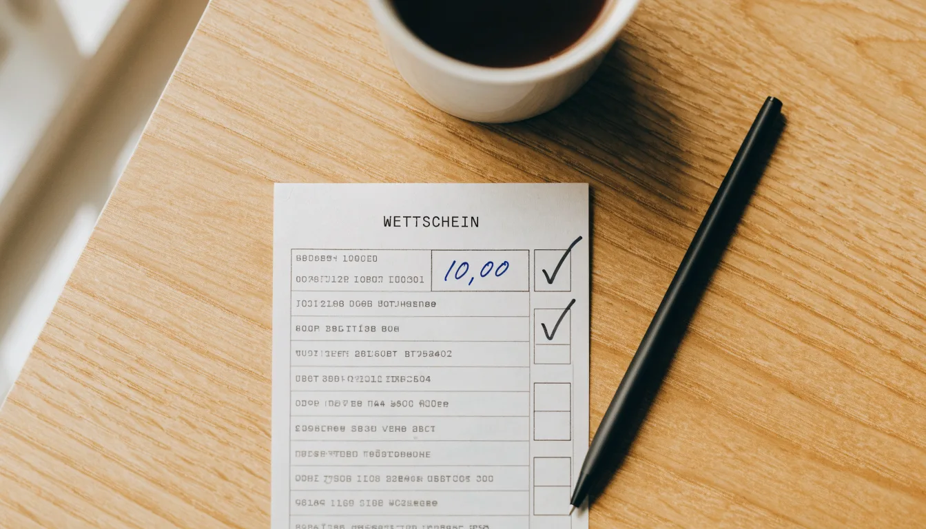 Ein leerer Wettschein aus Papier liegt neben einem Kugelschreiber und einer Tasse auf einem hellen Holztisch.