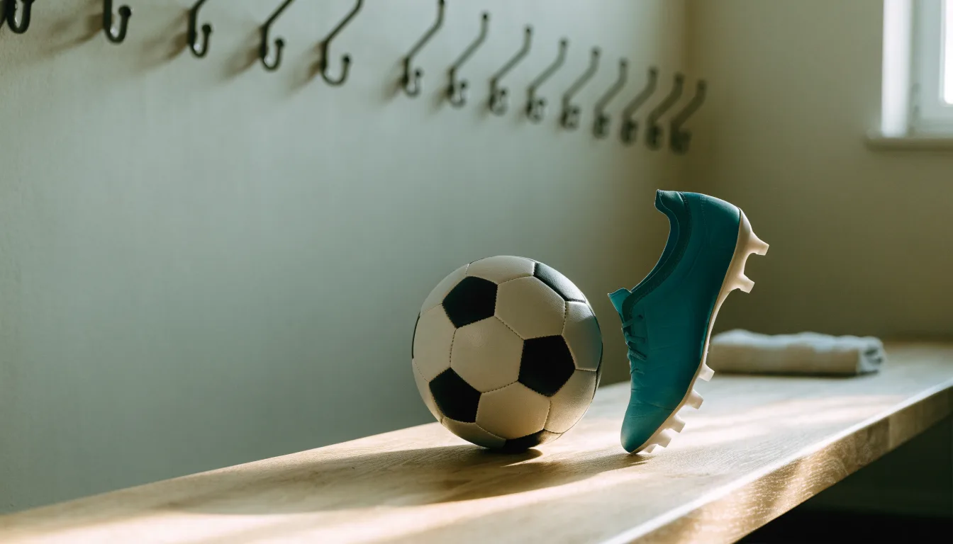 Ein Fußball liegt neben einem Paar Fußballschuhen ohne Markenzeichen auf einer Holzbank in einer leeren Umkleide.