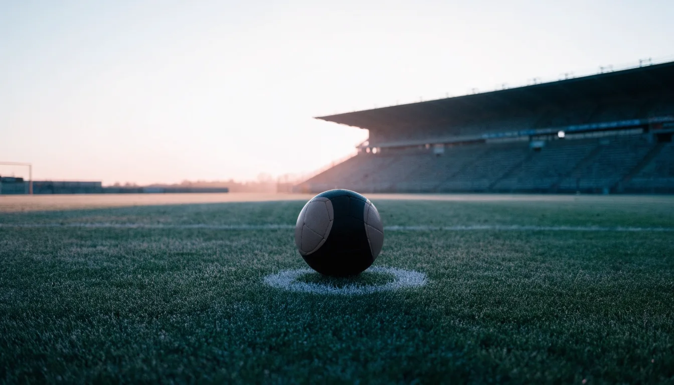 Ein Fußball liegt auf dem Anstoßpunkt eines leeren Rasenplatzes in der Morgendämmerung, im Hintergrund eine leere Tribüne.
