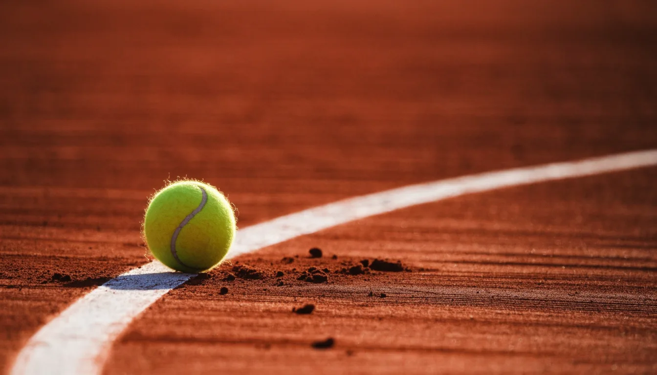 Ein einzelner Tennisball liegt auf rotem Sand neben einer weißen Linie, geringe Schärfentiefe.