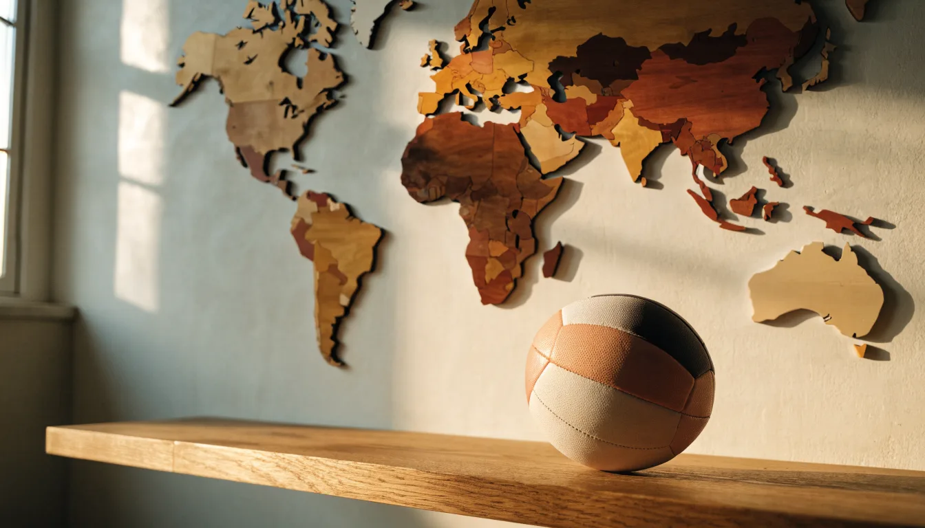 Eine Weltkarte aus Holz hängt an einer Wand, davor liegt ein Fußball auf einem Regal, ohne erkennbare Beschriftung.