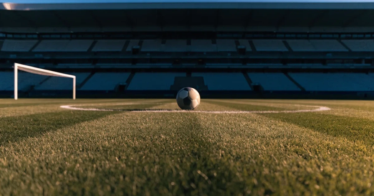 Ein Fußballplatz mit frisch gemähtem Rasen im Abendlicht, ein Ball liegt im Strafraum, im Hintergrund unscharf eine leere Tribüne.