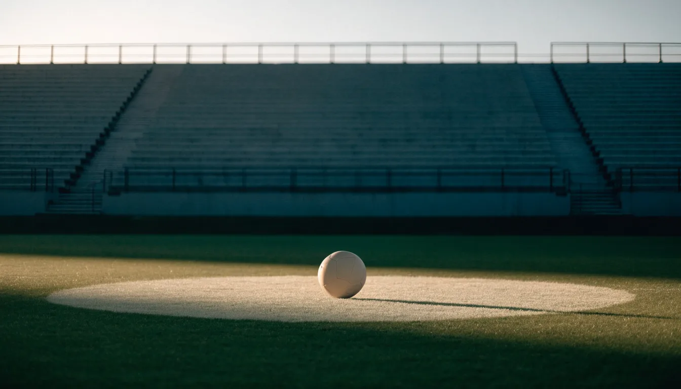 Ein Fußball liegt auf dem Anstoßpunkt eines leeren Rasenplatzes im frühen Morgenlicht, dahinter eine leere Tribüne.