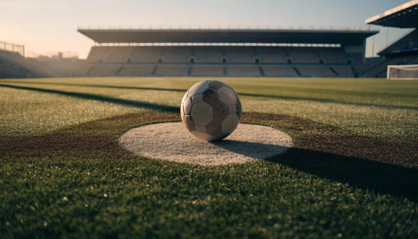 Ein Fußball liegt auf dem Anstoßpunkt eines leeren Rasenplatzes im frühen Morgenlicht, dahinter eine leere Tribüne.