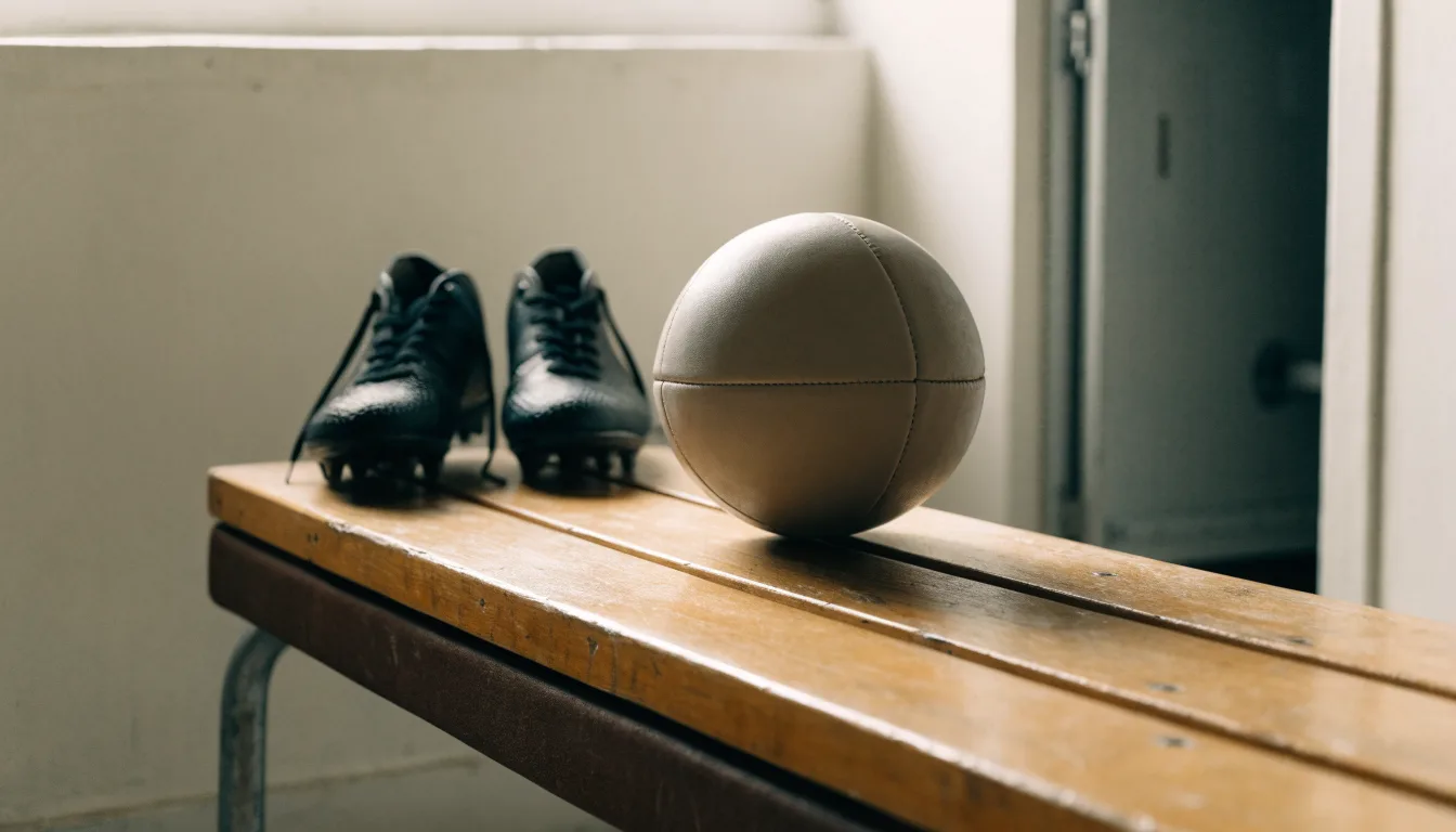 Ein Fußball liegt auf einer Holzbank in einer leeren Umkleide neben einem Paar Fußballschuhen ohne Markenzeichen.
