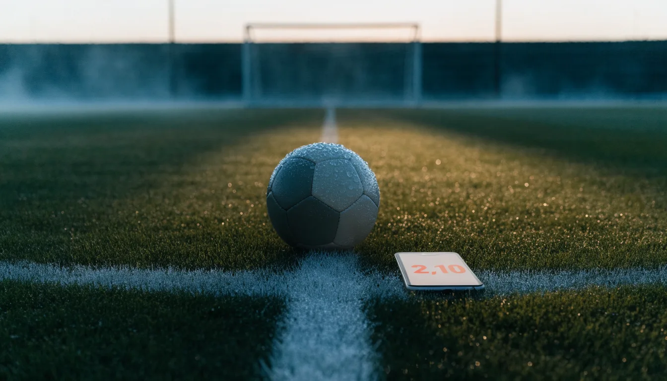 Ein Fußball ruht auf dem Mittelkreis eines leeren Rasenplatzes in der Morgendämmerung, Tau liegt auf dem Gras.